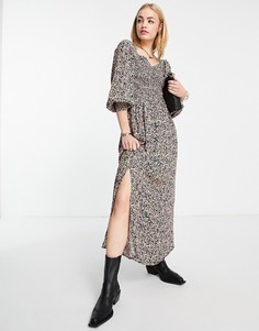 Синее платье миди с присборенным лифом и мелким цветочным принтом River Island-Голубой