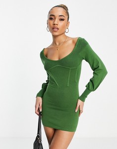 Оливковое платье мини с объемными рукавами и открытой спиной Ego x Jess Hunt-Зеленый цвет