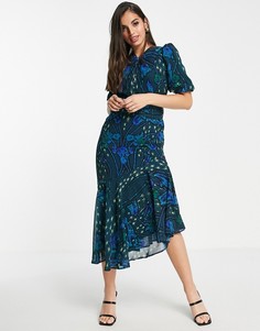 Чайное платье миди кобальтового цвета с пышными рукавами и принтом в виде звезд Hope & Ivy-Голубой