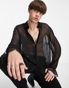 Черная свободная рубашка из прозрачного материала с кружевными манжетами ASOS DESIGN-Черный цвет