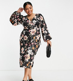 Черное платье миди на запахе с цветочным принтом River Island Plus-Черный