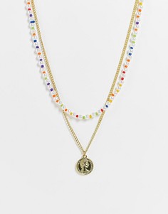 Ожерелье из бус и цепочки с подвеской в виде монетки Madein.-Разноцветный