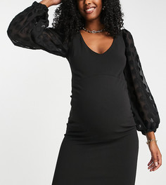 Черное платье миди с глубоким вырезом и рукавами из органзы Queen Bee Maternity-Черный