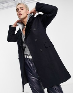 Двубортное премиум-пальто из смесовой шерсти со съемным воротником из искусственного меха Devils Advocate - NAVY-Черный