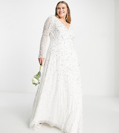 Свадебное платье макси цвета слоновой кости с декоративной отделкой и шлейфом Lace & Beads Plus-Белый