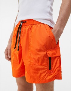 Оранжевые шорты для плавания с накладными карманами в складку Bershka-Черный цвет