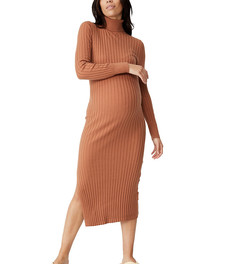 Коричневое платье миди в рубчик с высоким воротом Cotton:On Maternity-Коричневый цвет