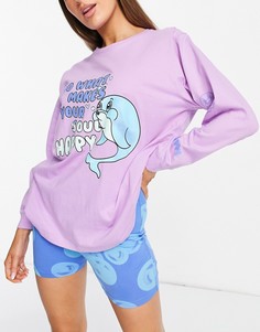 Сиренево-голубой пижамный комплект из лонгслива и шорт-леггинсов с графическим принтом дельфина ASOS EDITION-Разноцветный