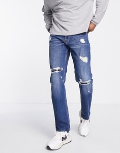Узкие джинсы прямого кроя с рваной отделкой и заплатками из фланели темного выбеленного цвета Hollister-Темно-синий