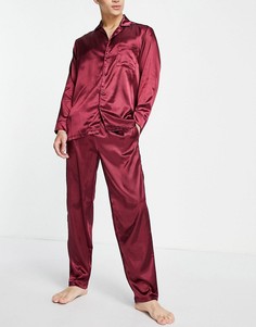 Бордовый атласный пижамный комплект для дома из рубашки и брюк ASOS DESIGN-Красный