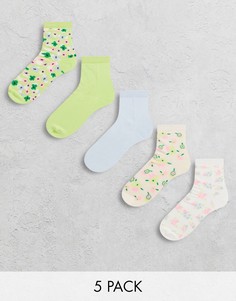 Набор из 5 носков до щиколотки разных цветов с цветочным принтом Monki-Разноцветный