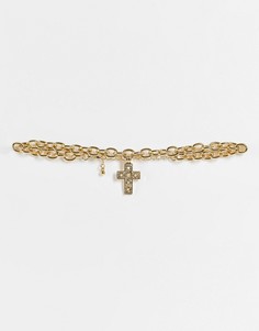 Золотистое ожерелье-чокер с подвеской в виде крестика со стразами Topshop-Золотистый