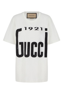 Белая футболка с логотипом в кристаллах Gucci