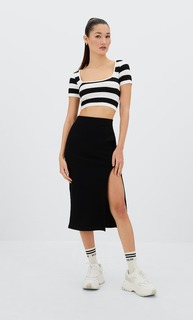 Stradivarius Юбка Миди В Рубчик Черный M