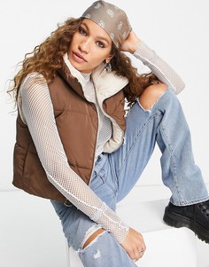 Двусторонний дутый жилет коричневого и кремового цвета Bershka-Коричневый цвет