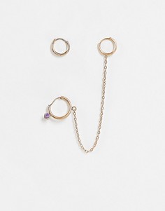 Золотистые серьги-кольца с аметистом и цепочкой AllSaints-Золотистый