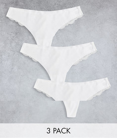Набор из 3 невидимых под одеждой белых бразильских трусов с кружевом ASOS DESIGN-Белый