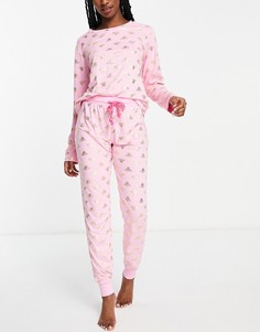 Розовый длинный пижамный комплект с принтом пчел с эффектом металлик Chelsea Peers-Розовый цвет