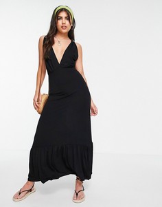 Черное платье макси с глубоким вырезом и ярусной юбкой Pieces-Черный цвет