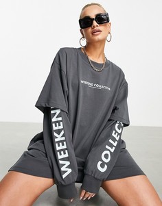 Темно-серое двухслойное платье-футболка с логотипом ASOS Weekend Collective-Серый