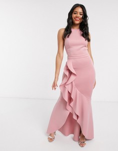 Платье макси нежно-розового цвета с горловиной халтер и оборками Lipsy-Розовый цвет