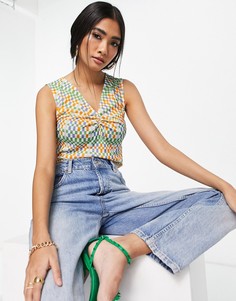 Присборенная спереди майка из сетки в разноцветную клетку Topshop-Разноцветный