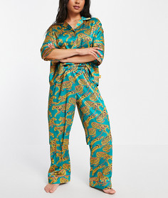 Атласная пижама с брюками и фантазийным принтом тигров The Wellness Project x Chelsea Peers-Зеленый цвет