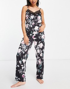 Атласный пижамный комплект из топа на бретелях и брюк черного цвета с цветочным принтом Lipsy-Разноцветный