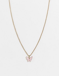 Золотистое ожерелье с подвеской в виде розовой бабочкой Topshop-Розовый цвет