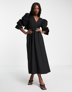 Платье миди с пышными рукавами и открытой спиной ASOS DESIGN-Черный