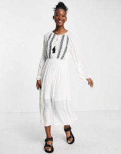Свободное платье макси с длинными рукавами и отделкой вышивкой En Crème-Белый