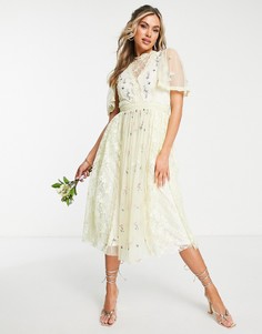 Кремовое платье миди для подружки невесты с цветочным принтом Frock and Frill-Белый