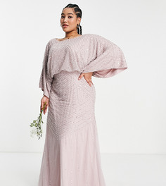 Платье макси подружки невесты приглушенного розовато-лилового цвета с очень объемными рукавами Frock and Frill Plus Bridesmaid-Розовый цвет