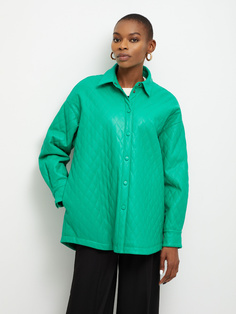 Cтеганая куртка-рубашка из экокожи (зеленый, M) Sela