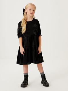 Ярусное платье с эффектом металлик для девочек (черный, 134) Sela