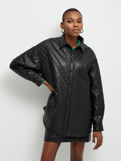 Cтеганая куртка-рубашка из экокожи (черный, L) Sela