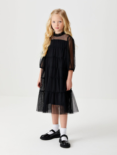 Ярусное платье в горошек для девочек (черный, 134/ 9-10 YEARS) Sela