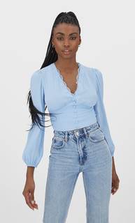 Stradivarius Атласная Блуза С V-Образным Вырезом Небесно-Голубой Xl