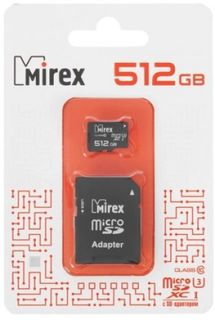 Карта памяти 512GB Mirex 13613-AD3UH512 MicroSDXC Class 10 UHS-I, U3 + SD адаптер