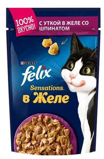 Влажный корм для кошек Felix Sensations в желе, утка/шпинат, 85гр