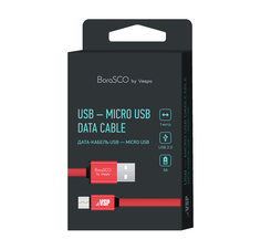 Кабель BoraSCO USB - Micro USB, 3А, 1м, металл, в нейлоновой оплетке, плоский, красный