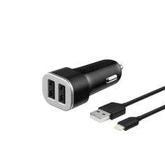Автомобильное зарядное устройство Deppa 2 USB 2.4А + кабель Lightning, MFI черный