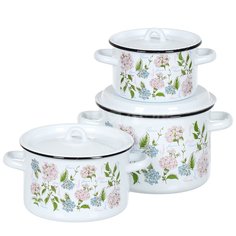 Набор эмалированной посуды 6 предметов, кастрюли 1.5,2.9,4.5 л, СтальЭмаль, Букет, 1с33, белый