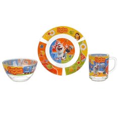 Набор детской посуды стекло, 3 шт, Буба, кружка 250мл,тарелка 19.5 см,салатник 13см, Умка, GP58530BU Umka