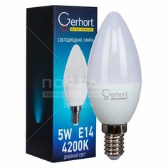 Лампа светодиодная E14, 5 Вт, свеча, 4200 К, свет теплый белый, Герхорд Gerhort