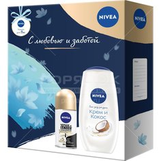 Набор подарочный для женщин, Nivea, Гладкий шелк, антиперспирант Черное и Белое + гель для душа Крем и Кокос