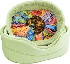 Лежанка для кошек "Сны" рисунок Кошка мебельная ткань №2 43*30*16 см салатовая 730324к Zooexpress