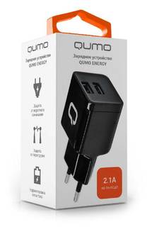 Сетевое зарядное устройство Qumo Energy (Charger 0002), 2 USB, 2.1A, Type C cable, черный