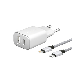 Сетевое зарядное устройство Deppa USB Type-C + USB APD 3.0 18Вт дата-кабель USB-C - Lightning (MFI) нейлон Ultra белый