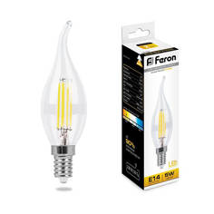 Лампочка Лампа светодиодная филаментная Feron E14 5W 2700K Свеча на ветру Прозрачная LB-59 25575